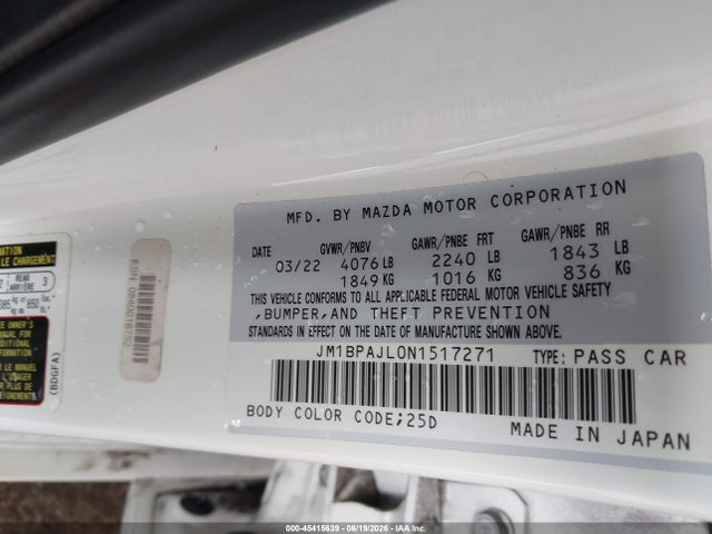Aukcja sprzedaży 2022 Mazda Mazda3 2.5 S, vin: JM1BPAJL0N1517271, numer aukcji: 45415639