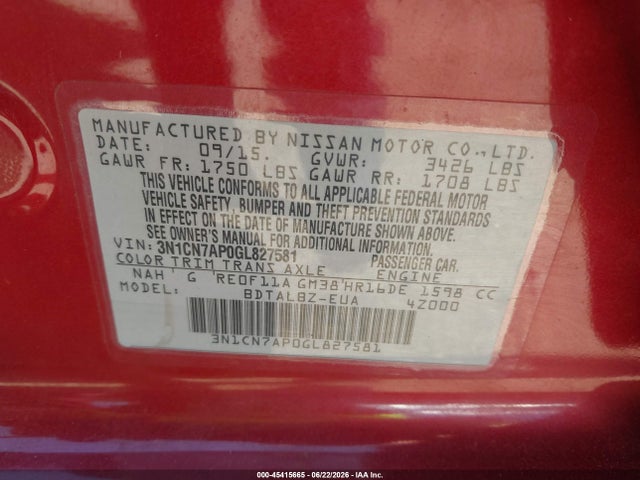 Aukcja sprzedaży 2016 Nissan Versa 1.6 Sv, vin: 3N1CN7AP0GL827581, numer aukcji: 45415665