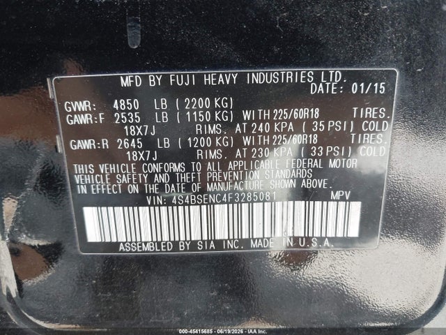 Subaru Outback 3.6r Limited 2015 4S4BSENC4F3285081 Image 9