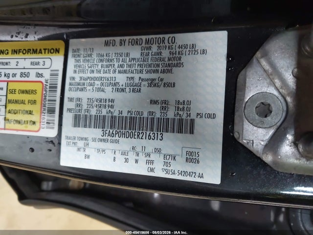 45415686 :رقم المزاد ، 3FA6P0HD0ER216313 vin ، 2014 Ford Fusion Se مزاد بيع