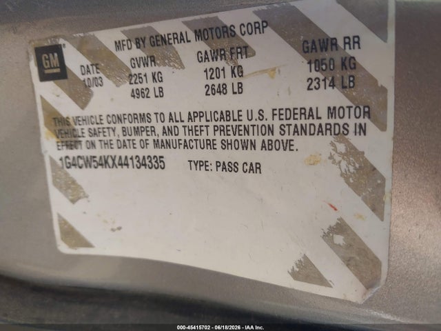 45415702 :رقم المزاد ، 1G4CW54KX44134335 vin ، 2004 Buick Park Avenue مزاد بيع