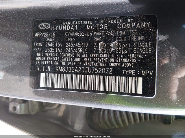 45415709 :رقم المزاد ، KM8J33A29JU752072 vin ، 2018 Hyundai Tucson Value مزاد بيع