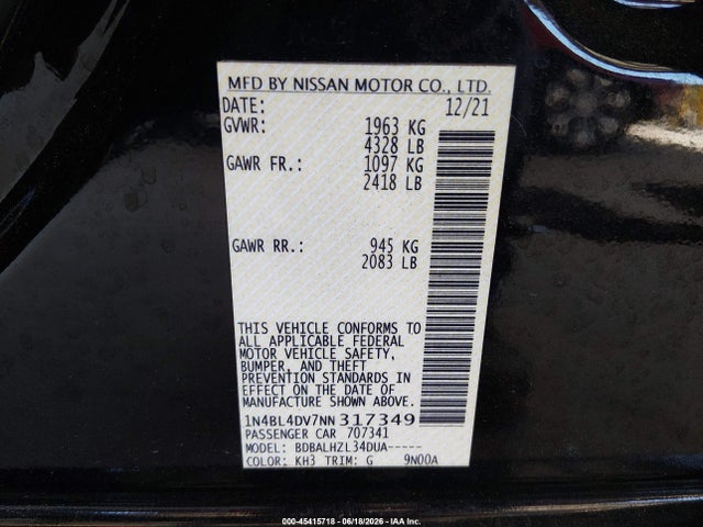 1N4BL4DV7NN317349 Nissan Altima Sv Fwd