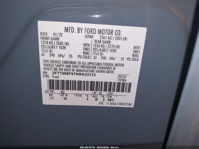 Продажа на аукционе авто 2022 Ford Maverick Lariat, vin: 3FTTW8F97NRA33133, номер лота: 45415738