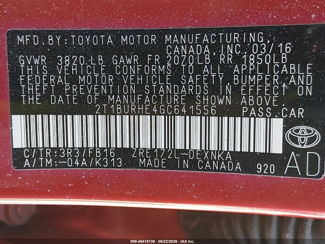 Toyota COROLLA LE 2016 2T1BURHE4GC641556 Image 9