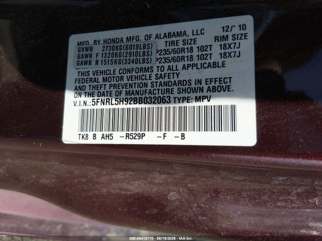 45415770 :رقم المزاد ، 5FNRL5H92BB032063 vin ، 2011 Honda Odyssey Touring/touring Elite مزاد بيع