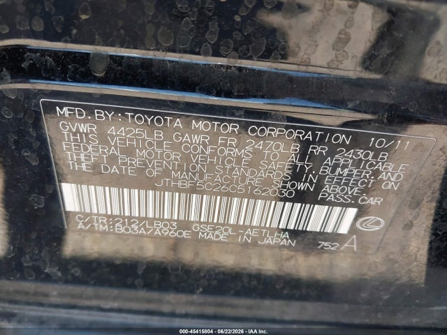 2012 Lexus Is 250 მანქანა იყიდება აუქციონზე, vin: JTHBF5C26C5162030, აუქციონის ნომერი: 45415804