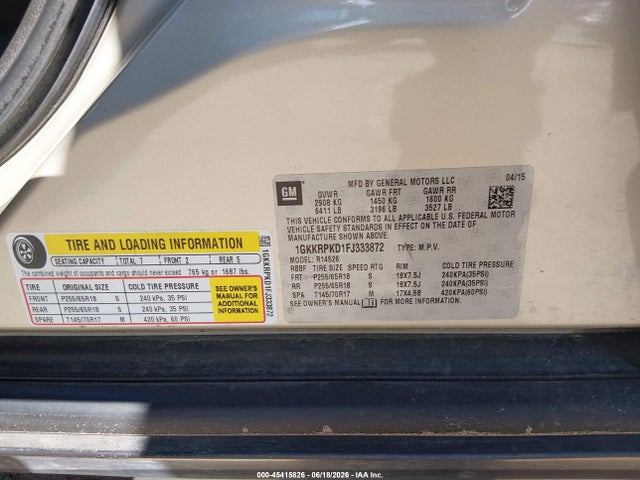 45415826 :رقم المزاد ، 1GKKRPKD1FJ333872 vin ، 2015 Gmc Acadia Sle-2 مزاد بيع