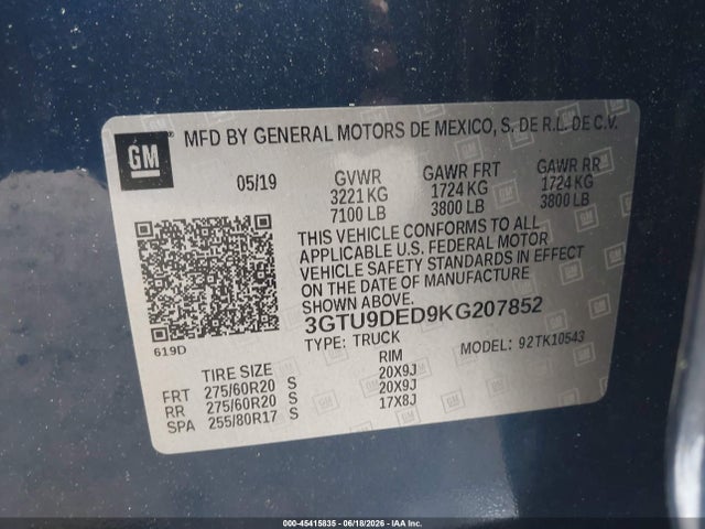 Продажа на аукционе авто 2019 Gmc Sierra 1500 Slt, vin: 3GTU9DED9KG207852, номер лота: 45415835