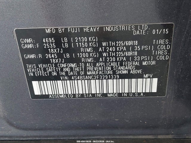 Subaru Outback 2.5i Limited 2015 4S4BSANC2F3291339 Image 9