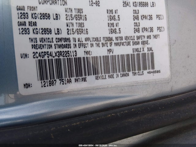 45415854 :رقم المزاد ، 2C4GP54LX3R225113 vin ، 2003 Chrysler Town & Country Lxi مزاد بيع