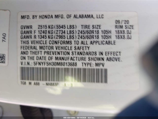 5FNYF5H30MB013688 Honda Pilot 2wd Ex