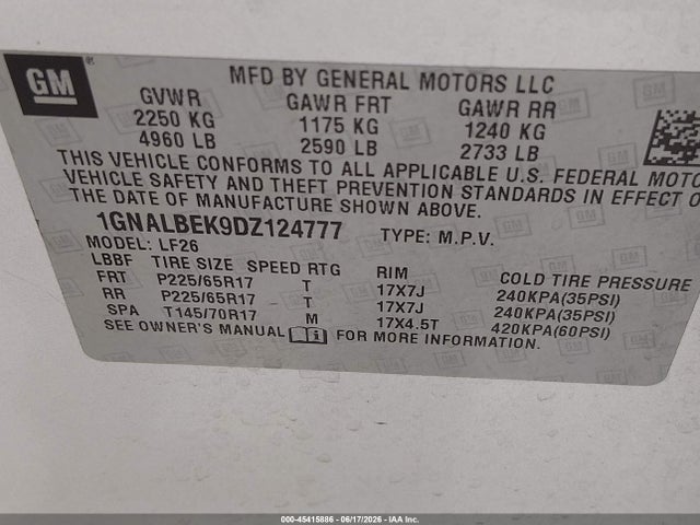 45415886 :رقم المزاد ، 1GNALBEK9DZ124777 vin ، 2013 Chevrolet Equinox Ls مزاد بيع
