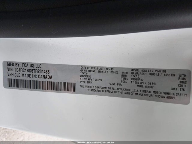 Aukcja sprzedaży 2026 Chrysler Pacifica Select, vin: 2C4RC1BG6TR201488, numer aukcji: 45415904
