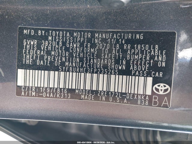 Toyota COROLLA LE 2015 5YFBURHE3FP235265 Image 9