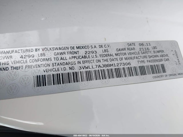 45415922 :رقم المزاد ، 3VWLL7AJ8BM127306 vin ، 2011 Volkswagen Jetta 2.0l Tdi مزاد بيع