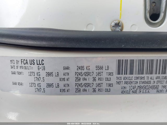 2019 Jeep Cherokee Trailhawk 4x4 მანქანა იყიდება აუქციონზე, vin: 1C4PJMBX5KD249502, აუქციონის ნომერი: 45415929