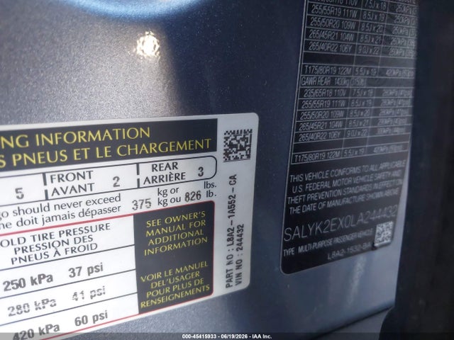 Продаж на аукціоні авто 2020 Land Rover Range Rover Velar P250 R-dynamic S, vin: SALYK2EX0LA244432, номер лоту: 45415933
