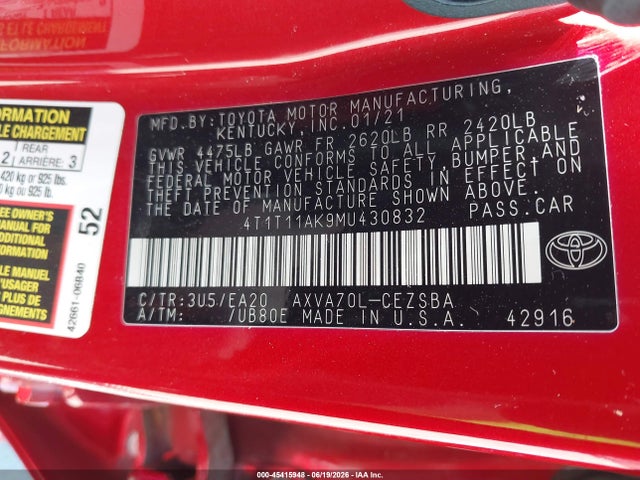 45415948 :رقم المزاد ، 4T1T11AK9MU430832 vin ، 2021 Toyota Camry Se مزاد بيع
