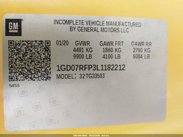 45415954 :رقم المزاد ، 1GD07RFP3L1182212 vin ، 2020 Gmc Savana Cutaway Work Van مزاد بيع