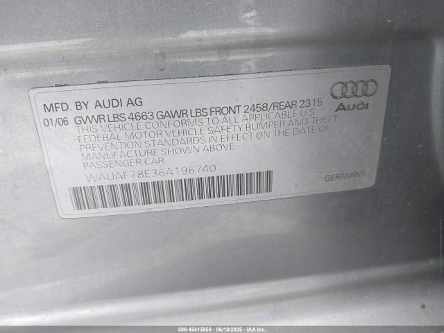 45415958 :رقم المزاد ، WAUAF78E36A196740 vin ، 2006 Audi A4 2.0t مزاد بيع