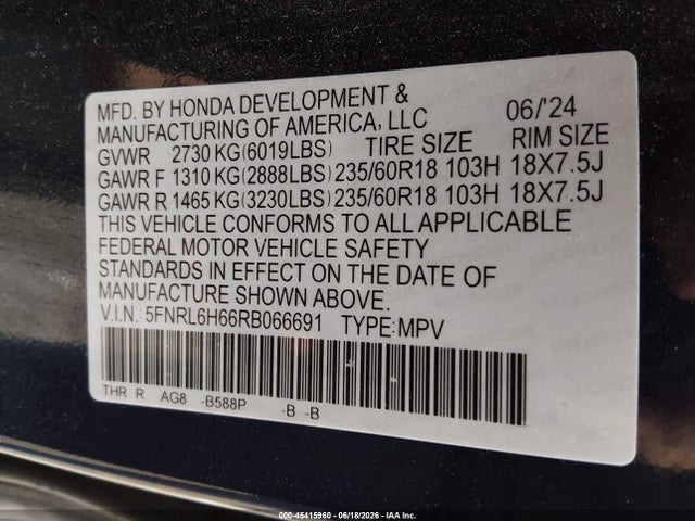 5FNRL6H66RB066691 Honda Odyssey Ex-l