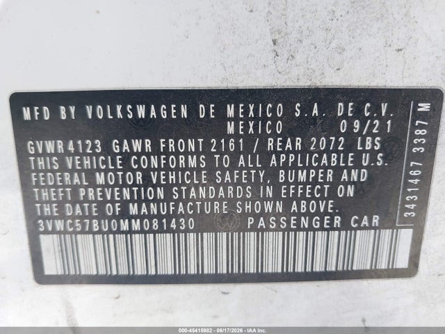 3VWC57BU0MM081430 Volkswagen Jetta 1.4t R-line/1.4t S/1.4t Se