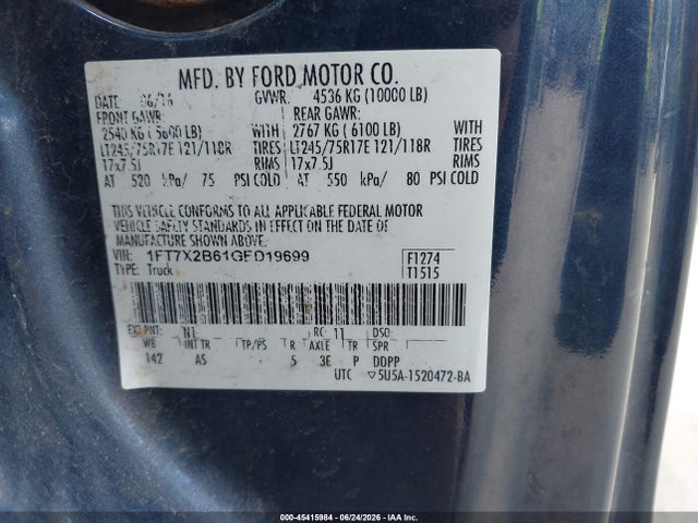 2016 Ford F-250 Xl მანქანა იყიდება აუქციონზე, vin: 1FT7X2B61GED19699, აუქციონის ნომერი: 45415984