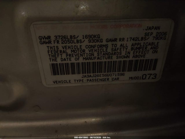 2006 Mitsubishi Lancer Es/se მანქანა იყიდება აუქციონზე, vin: JA3AJ26E56U071596, აუქციონის ნომერი: 45415993