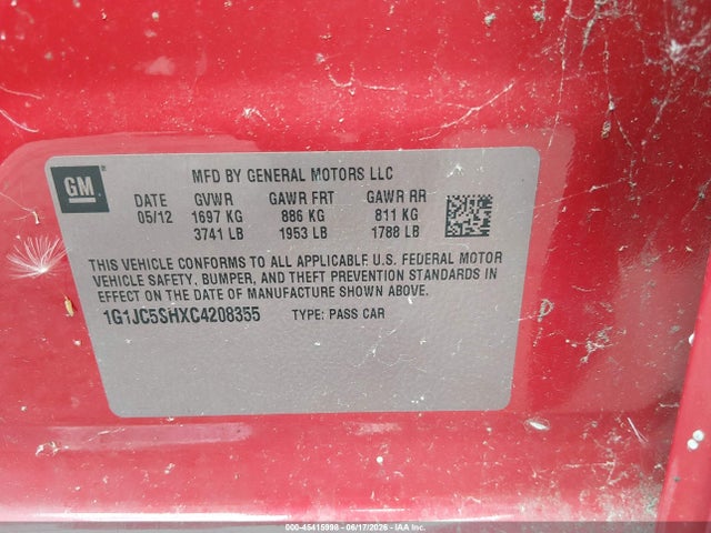 Продажа на аукционе авто 2012 Chevrolet Sonic 2lt, vin: 1G1JC5SHXC4208355, номер лота: 45415998