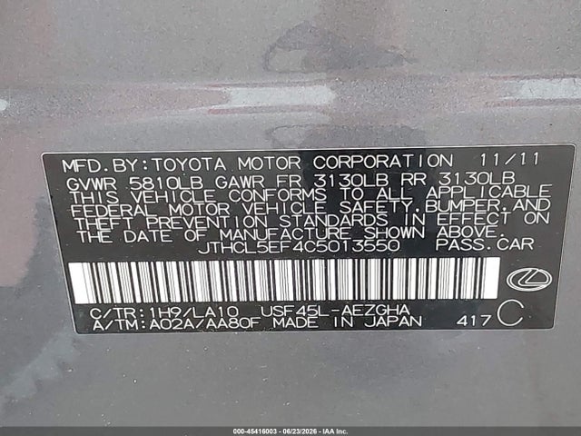 45416003 :رقم المزاد ، JTHCL5EF4C5013550 vin ، 2012 Lexus Ls 460 مزاد بيع