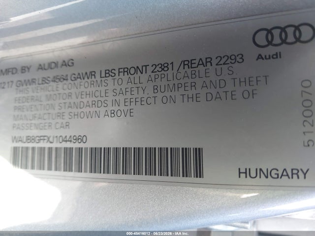 Aukcja sprzedaży 2018 Audi A3 2.0t Premium/2.0t Tech Premium, vin: WAUB8GFFXJ1044960, numer aukcji: 45416012