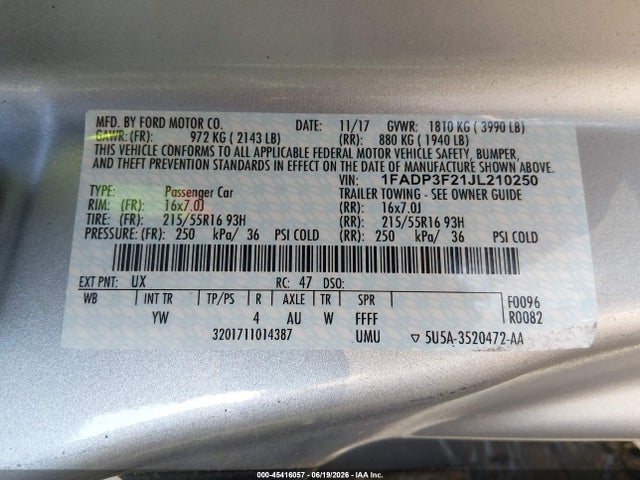 45416057 :رقم المزاد ، 1FADP3F21JL210250 vin ، 2018 Ford Focus Se مزاد بيع