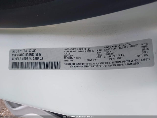 Aukcja sprzedaży 2025 Chrysler Pacifica Select, vin: 2C4RC1BG0SR512882, numer aukcji: 45416081