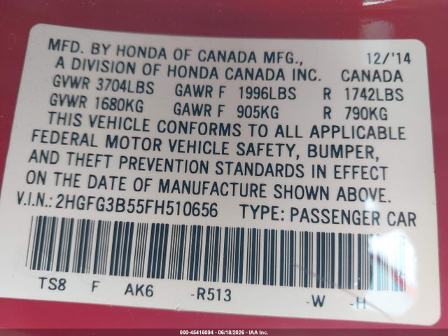 2HGFG3B55FH510656 Honda Civic Lx