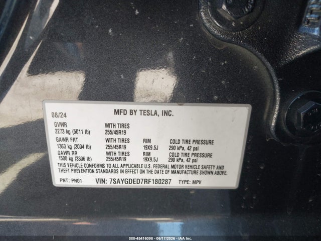 45416098 :رقم المزاد ، 7SAYGDED7RF180287 vin ، 2024 Tesla Model Y Long Range Single Motor Rear-wheel Drive/rwd مزاد بيع