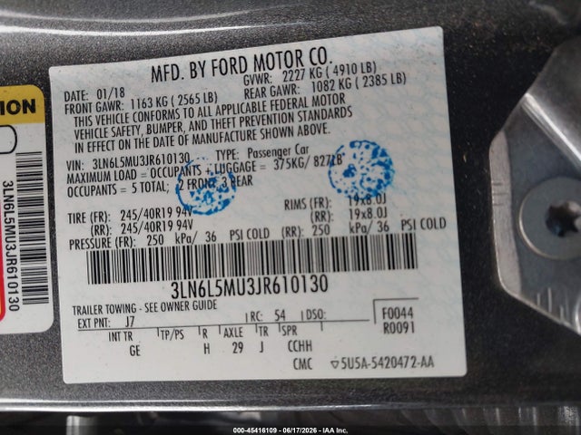45416109 :رقم المزاد ، 3LN6L5MU3JR610130 vin ، 2018 Lincoln Mkz Hybrid Reserve مزاد بيع