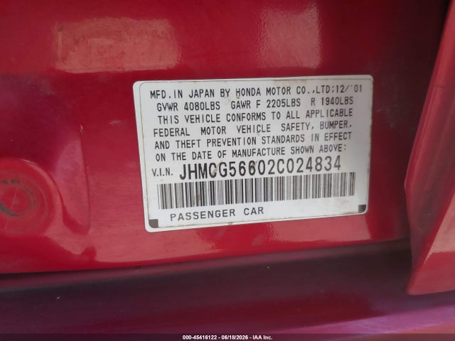 Продаж на аукціоні авто 2002 Honda Accord 2.3 Ex, vin: JHMCG56602C024834, номер лоту: 45416122
