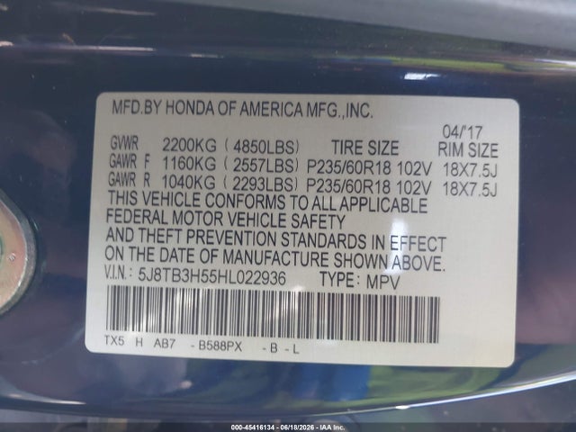 45416134 :رقم المزاد ، 5J8TB3H55HL022936 vin ، 2017 Acura Rdx Technology   Acurawatch Plus Packages/w/technology Package مزاد بيع