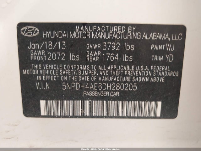 Продажа на аукционе авто 2013 Hyundai Elantra Gls, vin: 5NPDH4AE6DH280205, номер лота: 45416155
