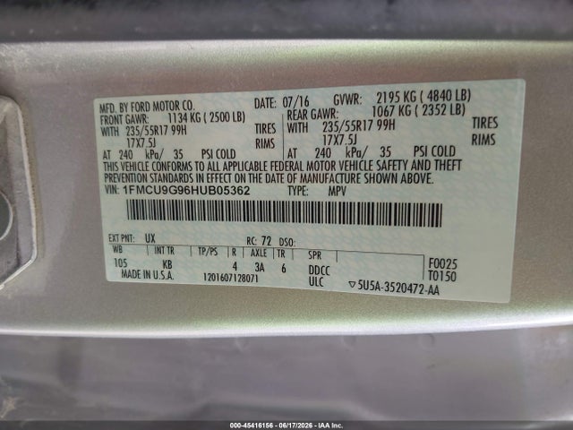 Auction sale of the 2017 Ford Escape Se, vin: 1FMCU9G96HUB05362, lot number: 45416156