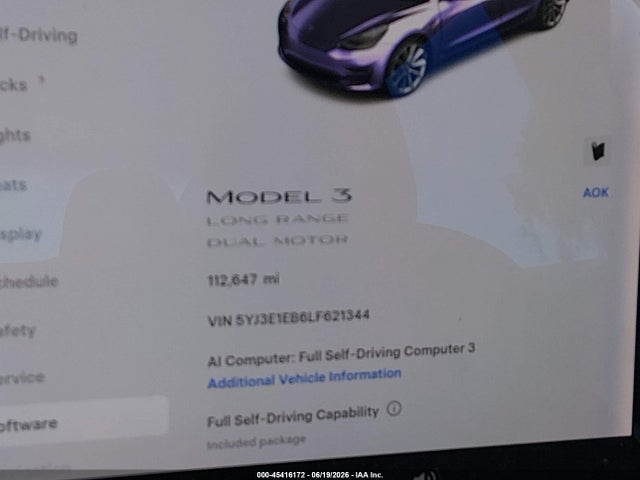 45416172 :رقم المزاد ، 5YJ3E1EB6LF621344 vin ، 2020 Tesla Model 3 Long Range Dual Motor All-wheel Drive مزاد بيع
