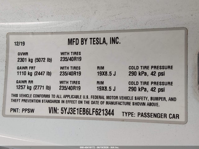 45416172 :رقم المزاد ، 5YJ3E1EB6LF621344 vin ، 2020 Tesla Model 3 Long Range Dual Motor All-wheel Drive مزاد بيع