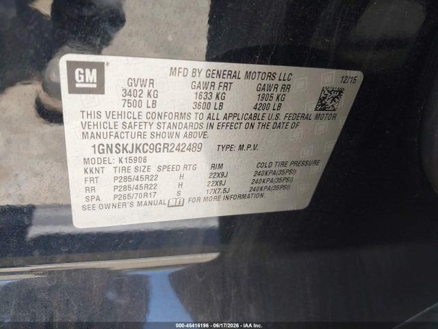 45416196 :رقم المزاد ، 1GNSKJKC9GR242489 vin ، 2016 Chevrolet Suburban Ltz مزاد بيع