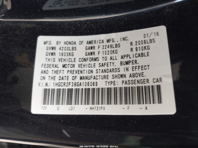1HGCR2F38GA106069 Honda ACCORD LX