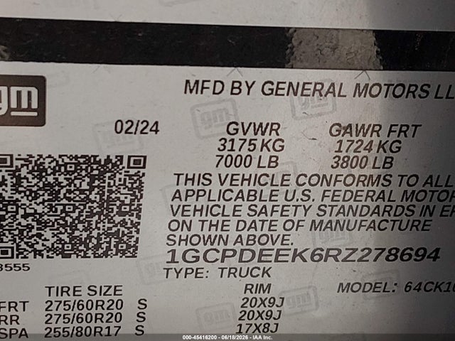 45416200 :رقم المزاد ، 1GCPDEEK6RZ278694 vin ، 2024 Chevrolet Silverado 1500 4wd  Short Bed Rst مزاد بيع
