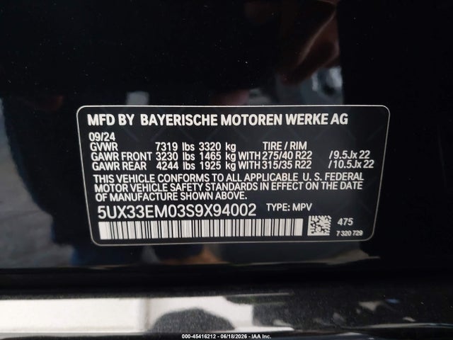 Aukcja sprzedaży 2025 Bmw X7 M60i, vin: 5UX33EM03S9X94002, numer aukcji: 45416212