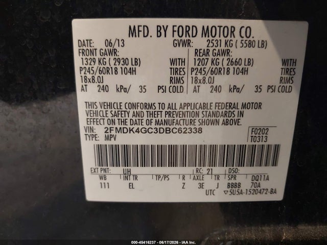 Aukcja sprzedaży 2013 Ford Edge Se, vin: 2FMDK4GC3DBC62338, numer aukcji: 45416237