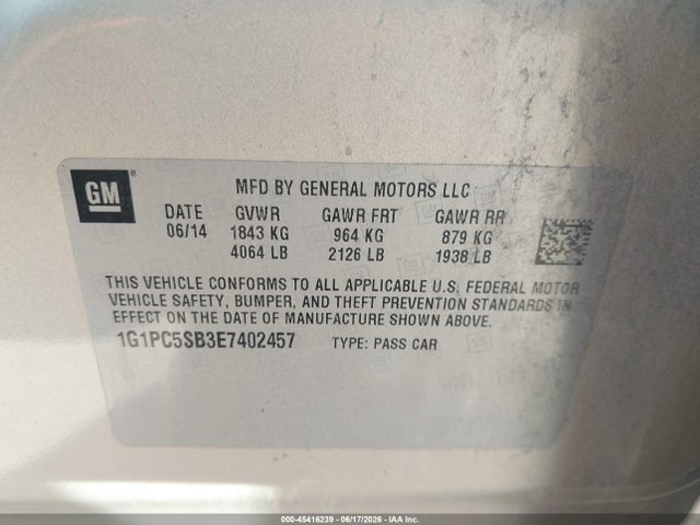 45416239 :رقم المزاد ، 1G1PC5SB3E7402457 vin ، 2014 Chevrolet Cruze 1lt Auto مزاد بيع
