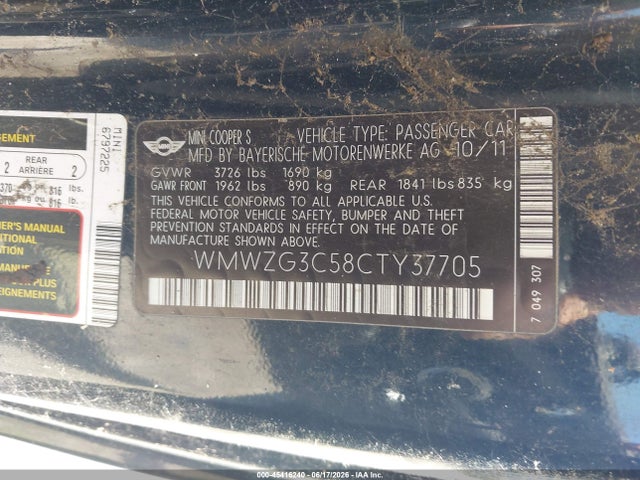 Продажа на аукционе авто 2012 Mini Cooper S Clubman, vin: WMWZG3C58CTY37705, номер лота: 45416240